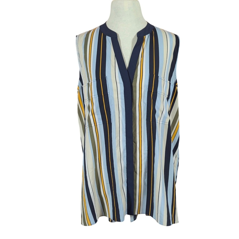 Jones New York Blouse Women L Blue Striped Sleeveless Split Back V-Neck Casual